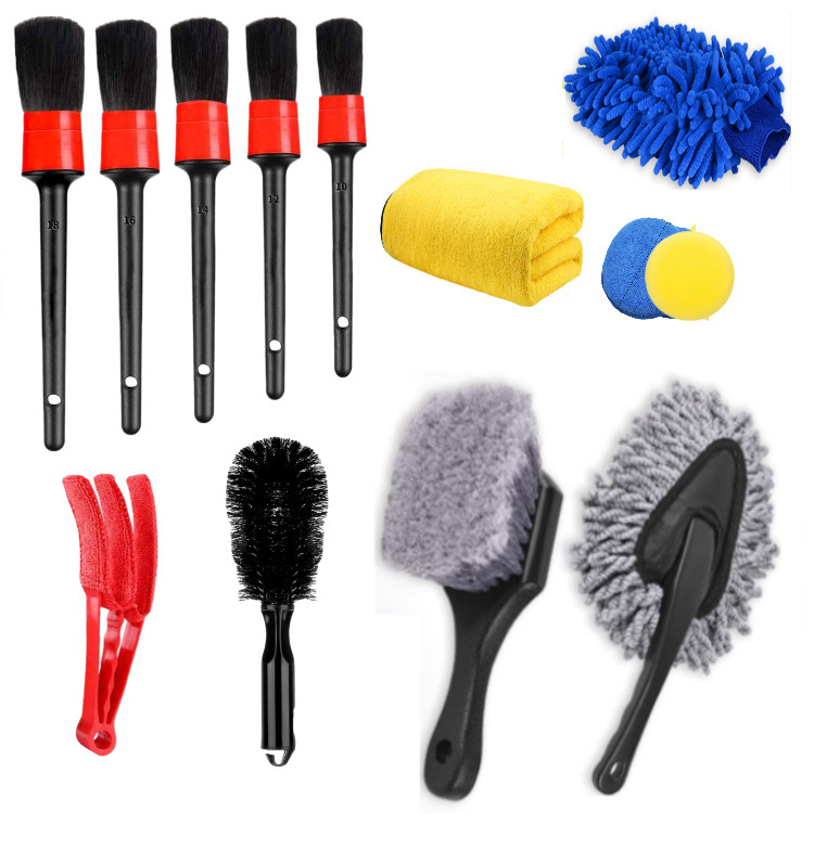 跨境热卖13件套装汽车内饰细节刷装洗车手套擦车两色双面毛巾