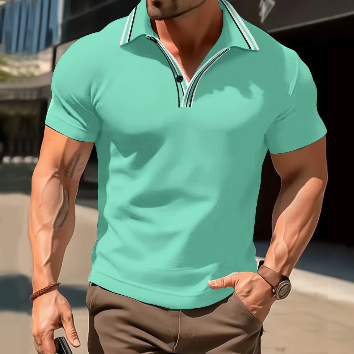 Neues Herren-Poloshirt mit Kragen, Streifen, lässig, V-Ausschnitt, Knopfleiste, vielseitiges T-Shirt_voghion.com