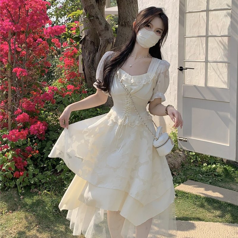 法式白色连衣裙女夏季小个子纱裙蛋糕蓬蓬公主仙女长裙裙子小白裙|undefined