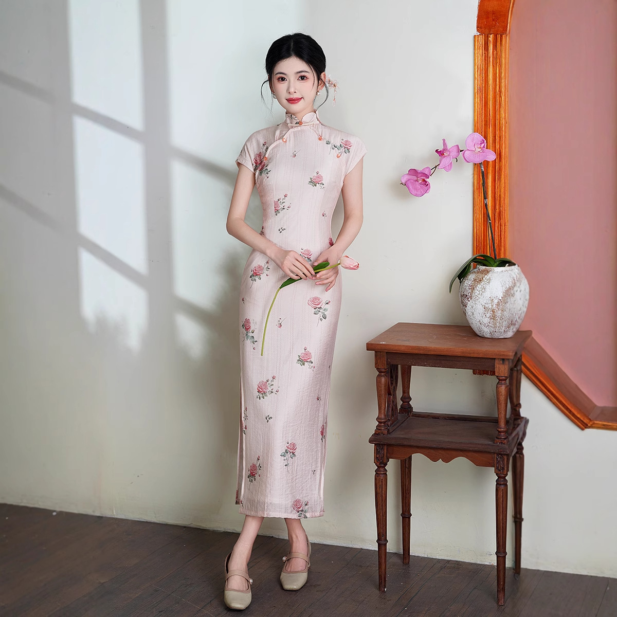 Fashionable summer bamboo cheongsam with zipper