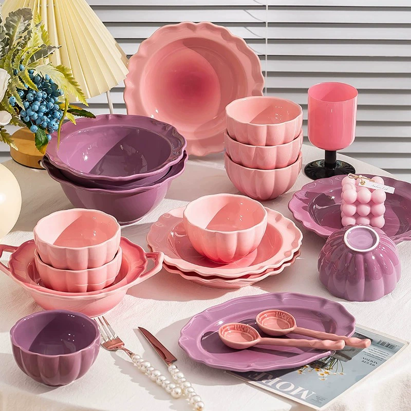 Pink-purple fresh high quality ceramic tableware for home use, internet celebrity