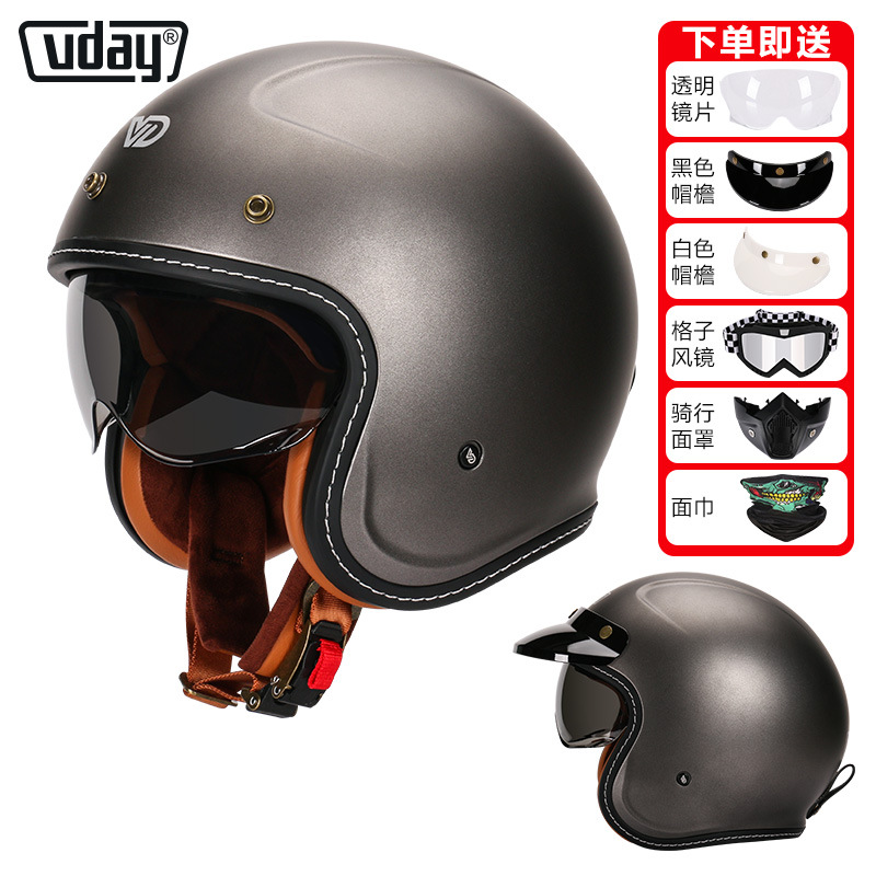 Motosiklet kaskı (dəbilqə) | Motuoche Retro Electric - va-1-matte-metal-gray-gift-visor-brim-black-goggles-mask-scarf-m-53-54cm