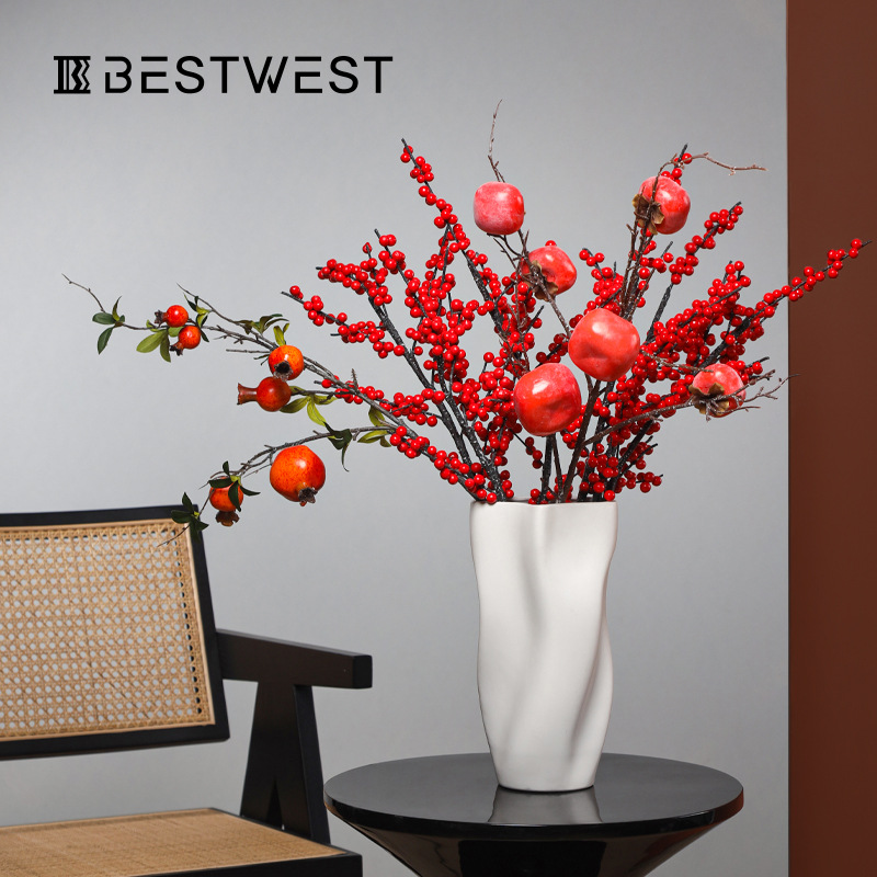 Best West Fruit Simulation Flower Arrangement Chinese Red Holly Fruit Persimmon Home Living Room Table Decoration Pomegranate