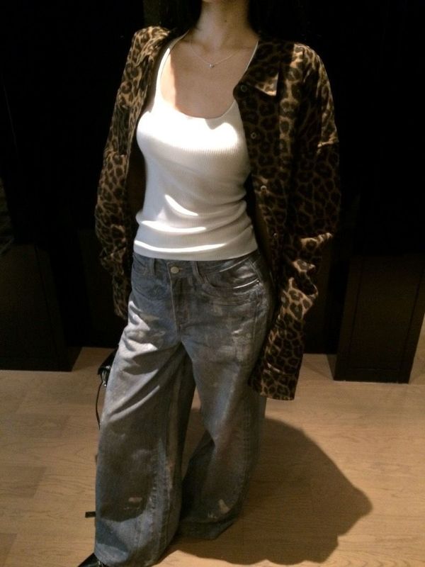 复古豹纹翻领长袖外套女秋季美式辣妹设计感小众宽松衬衫开衫上衣|undefined