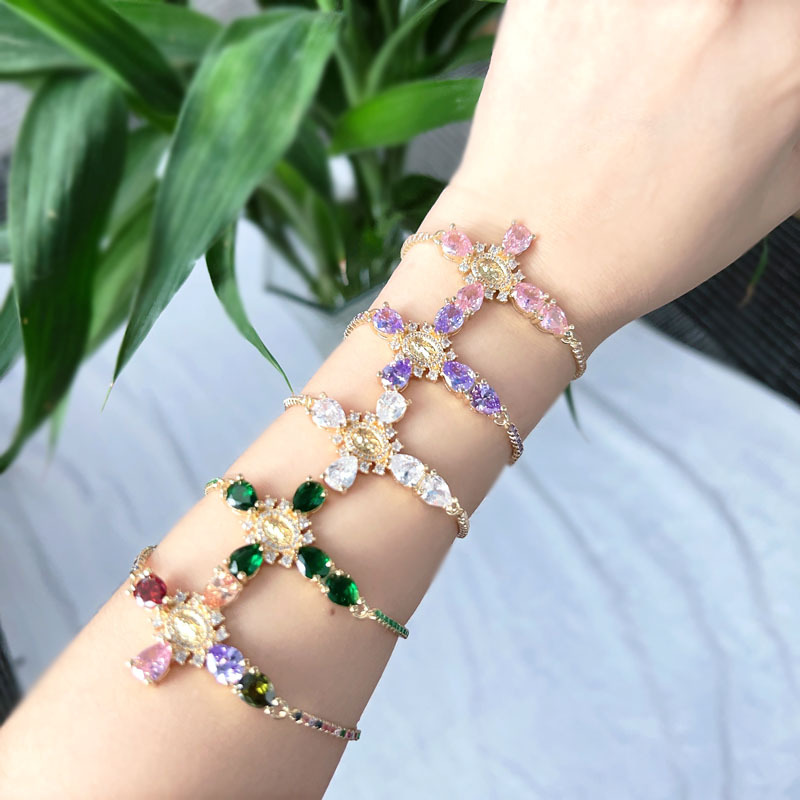 Inlay Design Copper 18K Gold Plated Inlay Human Cross Virgin Mary Zircon Bracelets