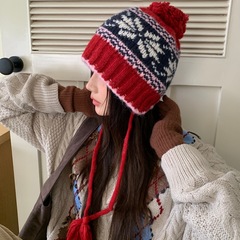 复古费尔岛风提花针织帽女秋冬甜美可爱毛球雷锋帽保暖护耳套头帽