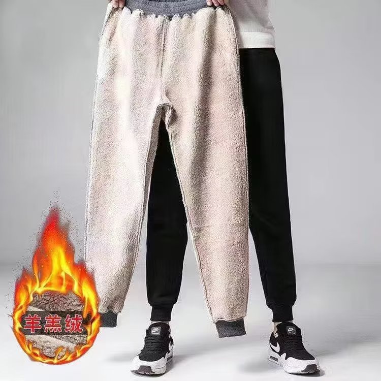 Lambswool men's casual pants for autumn and winter, elastic waist, tapered cuffs, thick, warm, versatile, trendy, fleece-lined.