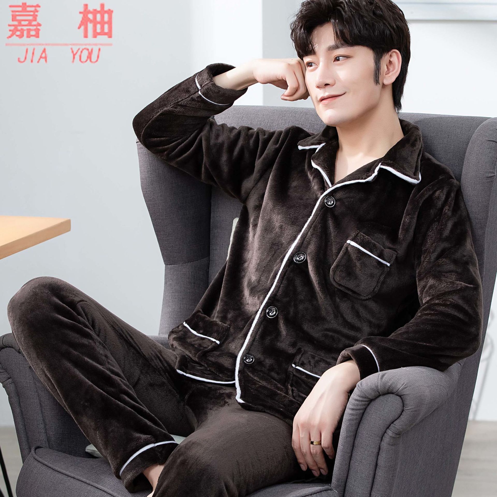 Pijamas de invierno de terciopelo de coral, pijamas de franela gruesas de invierno para hombres, ropa de hogar cálida de mangas largas para hombres