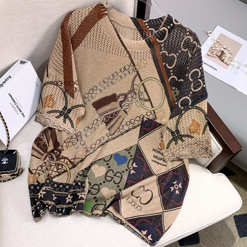 (50.00 kg-90.00 kg Loose Large Edition Temperament Hot Drilling Ice Hemp Silk Mother Tie-Dye Short Sleeve Western Style Women's Small Shirt T-shirt