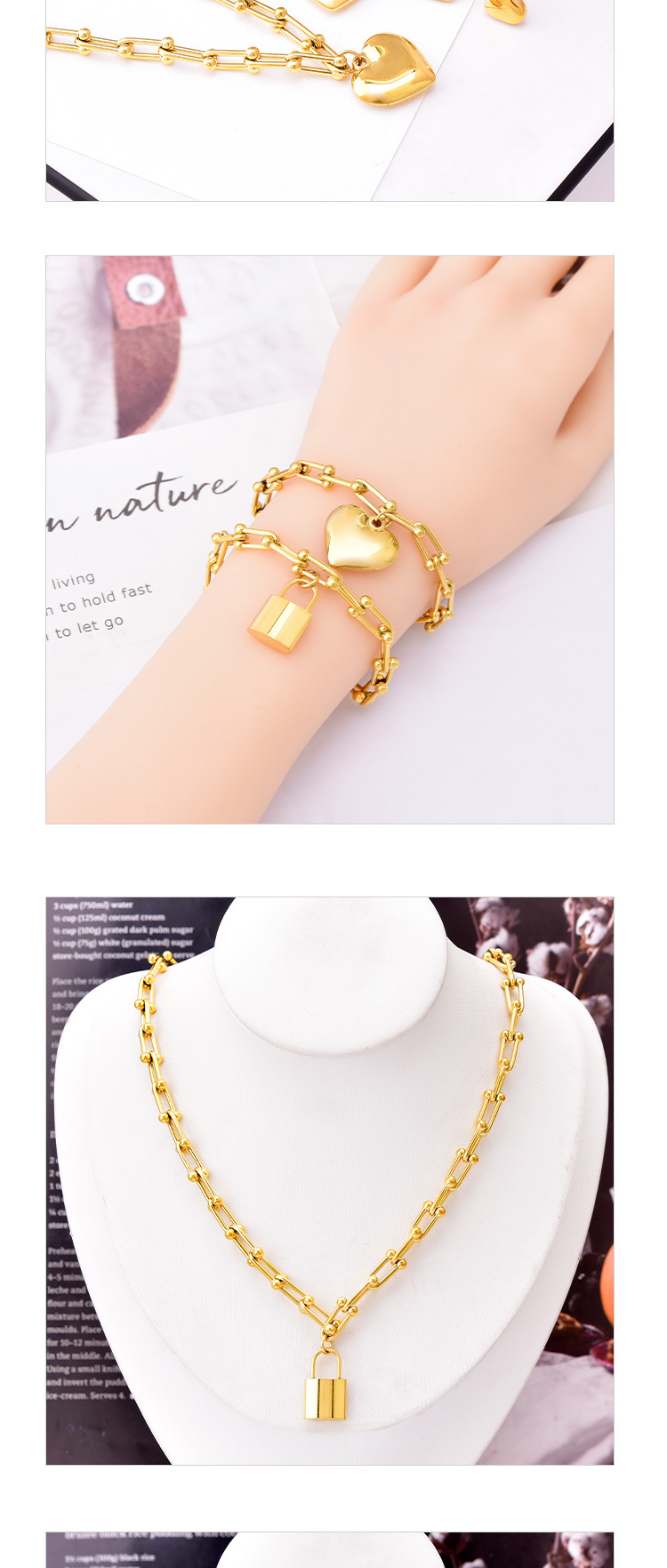304 Stainless Steel 18K Gold Plated Sweet Plating Heart Shape Lock Bracelets Earrings Necklace display picture 1
