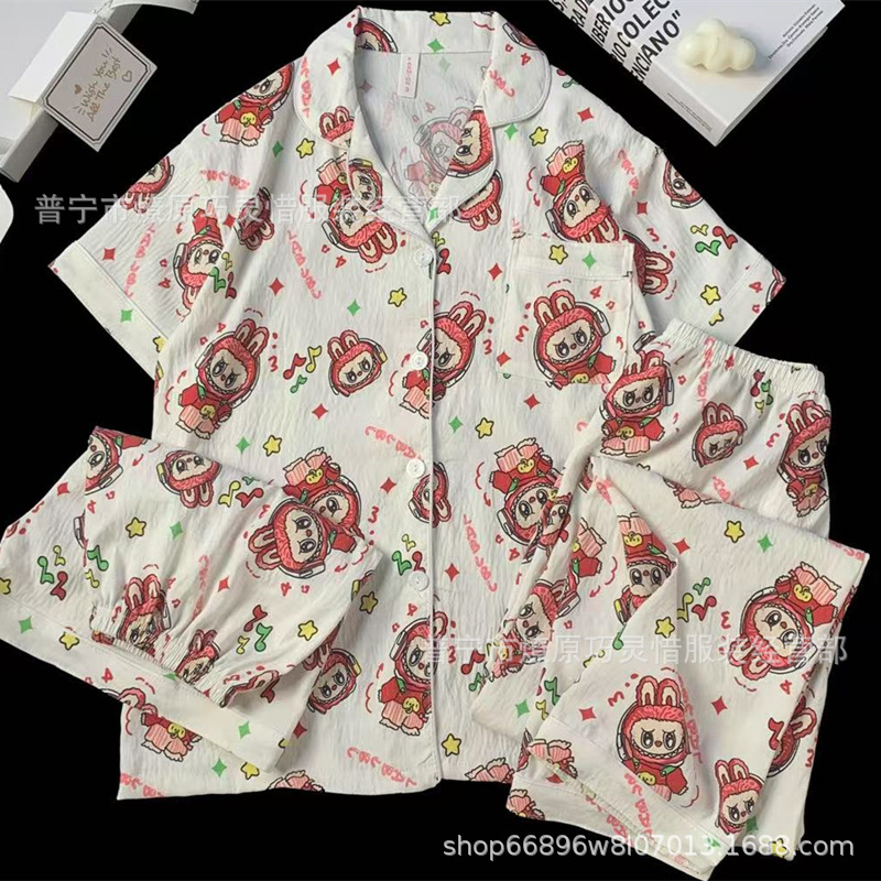 Hermosos pijamas de tela de rabu mujeres primavera y otoño verano nubes de algodón dulce mangas cortas pantalones cortos de tres piezas ropa para el hogar
