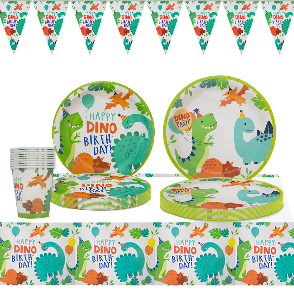 Amazon Venta caliente Segunda Generación dinosaurio fiesta de cumpleaños de los niños taza de papel plato de papel traje de fiesta vajilla en stock