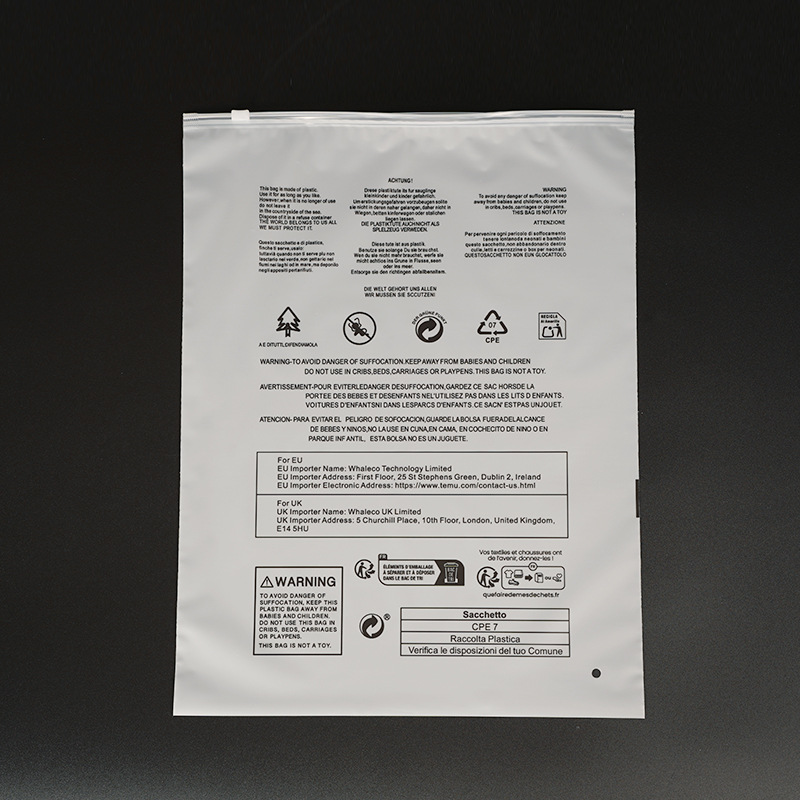 Bolsas con cierre y etiqueta de advertencia en stock, bolsas transparentes esmeriladas con cierre de Temu para ropa, calcetines y embalaje de prendas, personalizables.