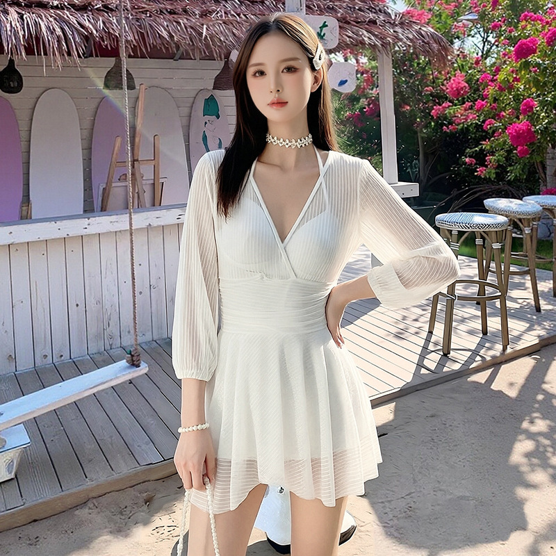 Traje de baño para mujer 2025 verano Internet celebridad nuevo estilo de falda de una sola pieza que cubre la carne y adelgaza con encaje de manga larga traje de baño de vacaciones push-up de pecho pequeño