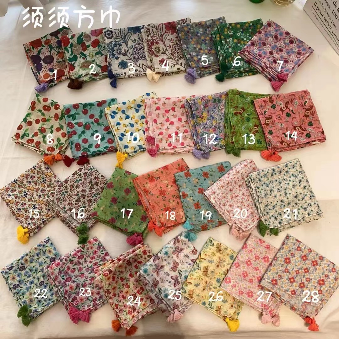 Spring and Summer New Bamboo Joint Cotton Small Square Scarf Korean Style with Tassels Sun Protection Head Scarf for Women, Neck Scarf, Hair Tying Band, Breathable Silk Scarf