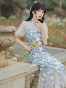 Modified young girl Chineses Dresses Retro Qipao For women girls French long tail qipao dress daily women