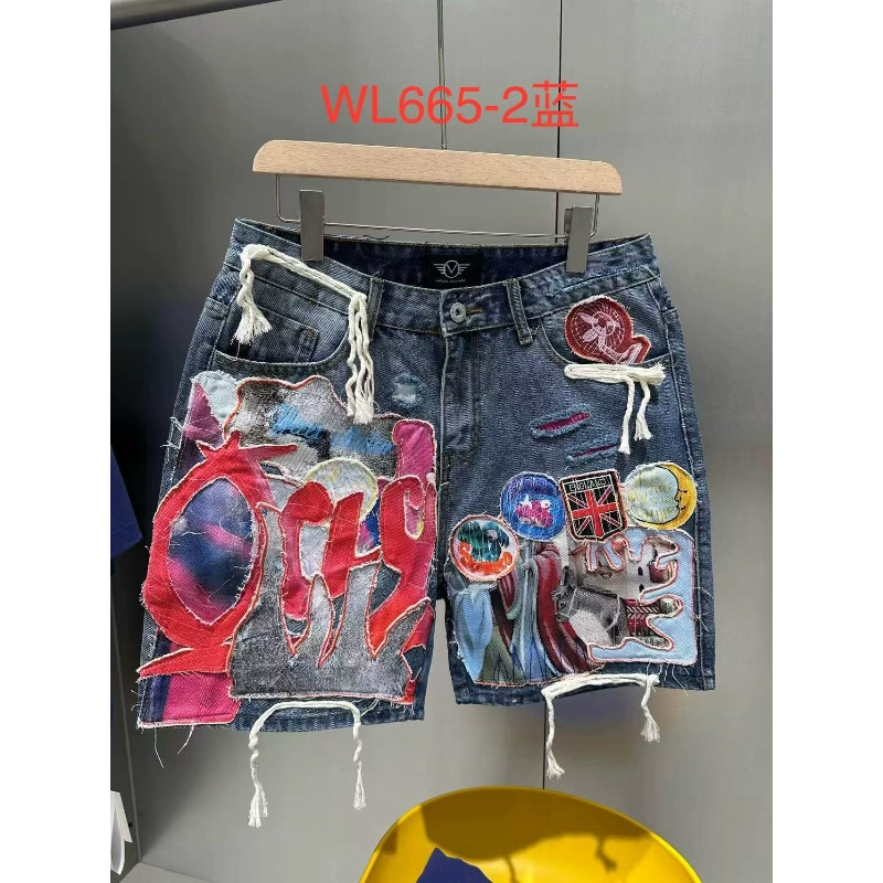 [модные джинсовые шорты] Персонализированный дизайн с лоскутным принтом — незаменимая вещь для модной уличной одежды-WL665-2