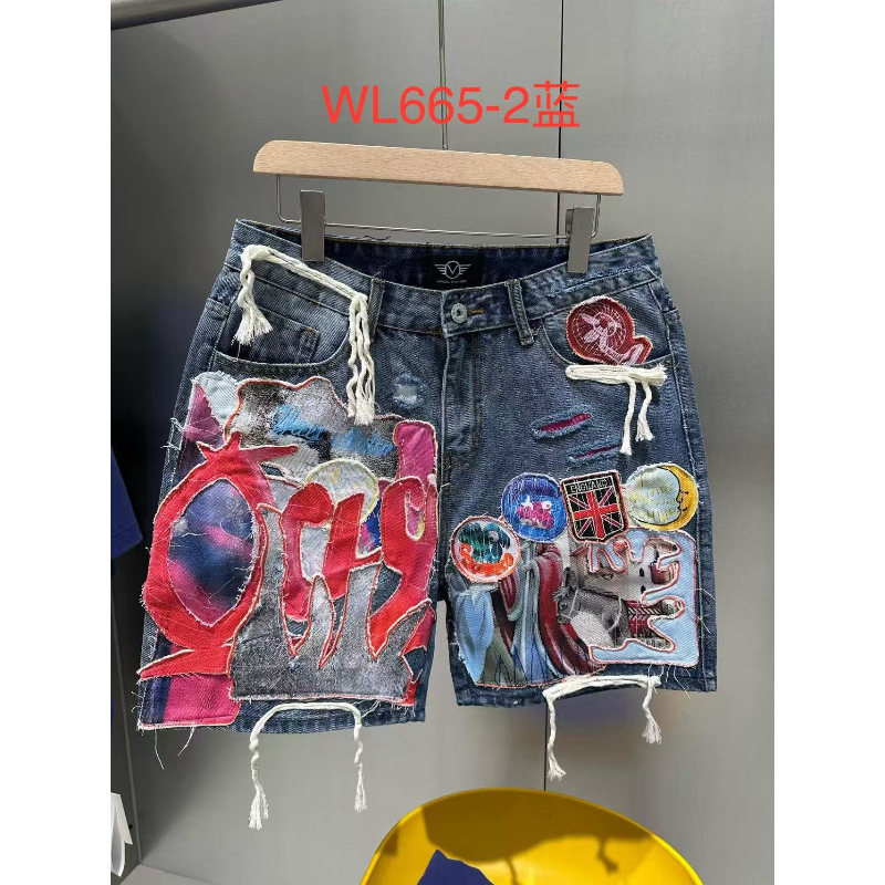 【Denim Shorts】Patchwork and Printed Design, a Must-Have for Street Style - Wl665-2 Men's Denim Shorts