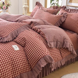 New Class a Skin-Friendly Naked Sleeping Washed Cotton Bed Cover Four-Piece Set - Unprinted Quilted Bed Skirt Lace Thickeneded Quilt Cover Washed