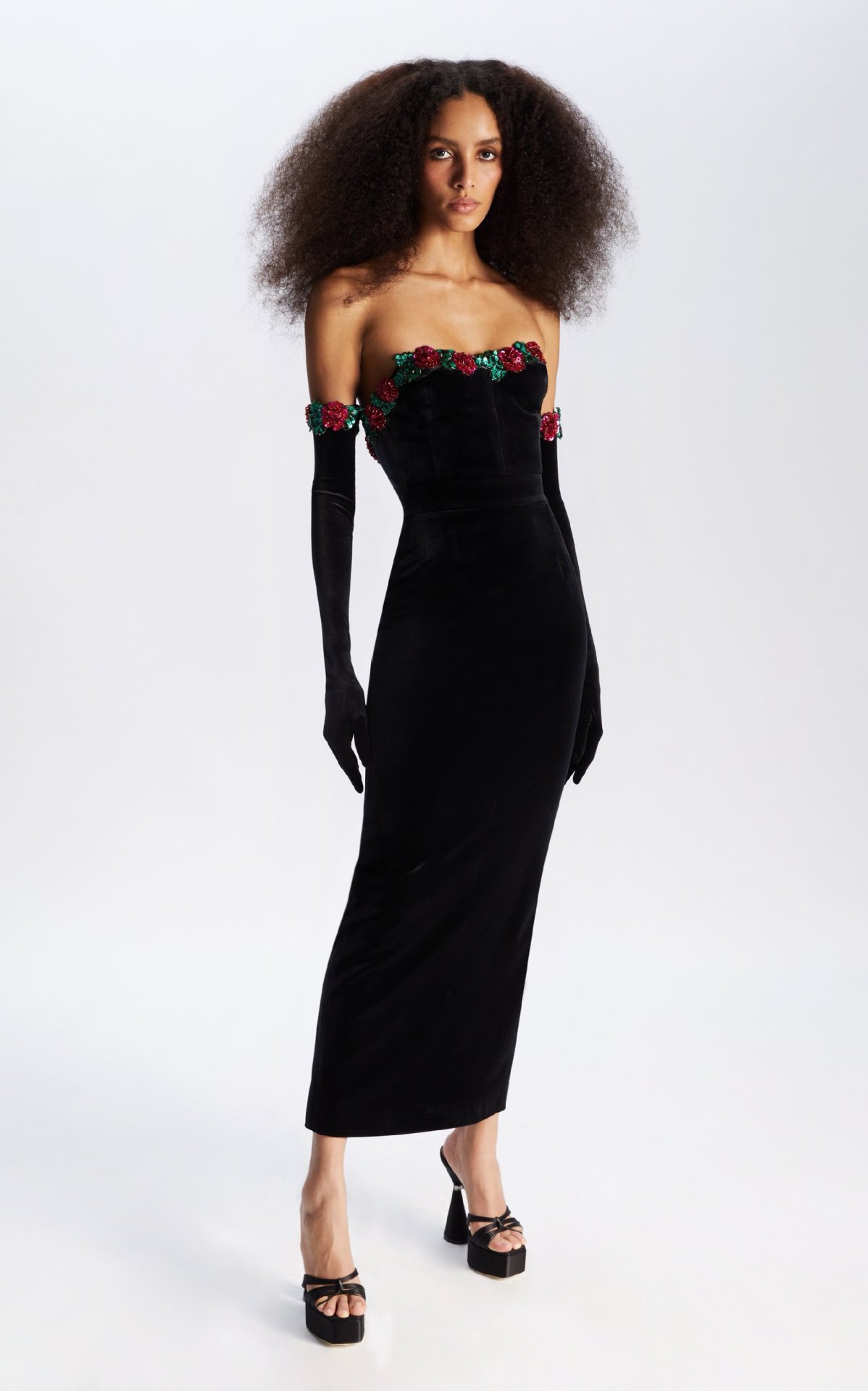 Women's Clothing Beaded Lace Decorated Velvet Skirt Dress Long Skirt with Gloves_voghion.com