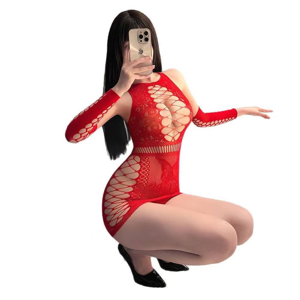 Purely Alluring See-Through Lace Net Dress, Slim-Fit Bodycon Mini Lingerie in Red, One Size — detail image 5