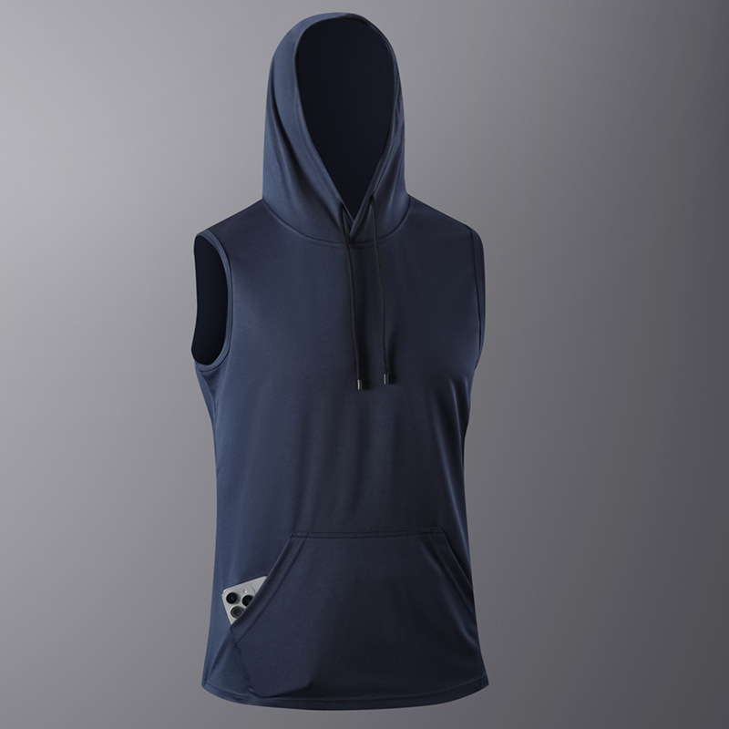 [Cross-Border] European Size Hooded Vest Sleeveless Short-Sleeved T-Shirt Men's Sports Fitness Breathable Running Fitness Vest Speed