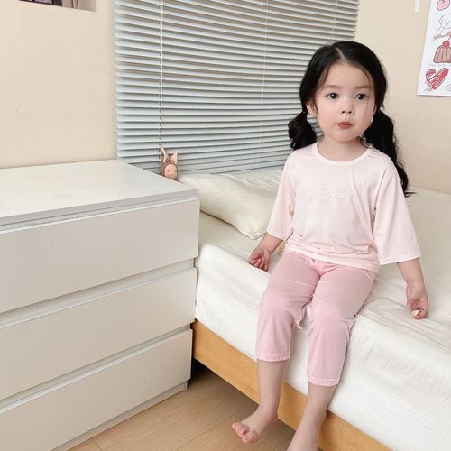 Tongbeijia children's spring and summer home wear 50-count Ecoss boys and girls three-quarter sleeves and nine-quarter pants pajamas set