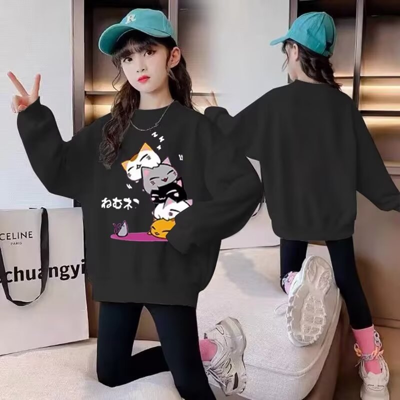 批发春新款女童时尚圆领卫衣小女孩新年上衣大立体猫咪可爱洋气