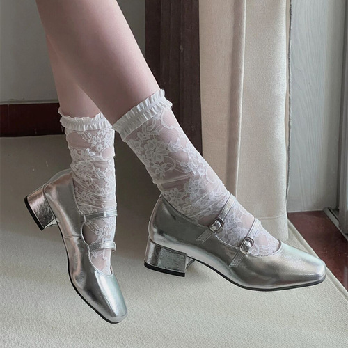  New Spring and Autumn French Silver One-Buckle Medium Heel Shallow Mouth Square Toe Mary Jane Women's Shoes Thick Heel Single Shoes for Women