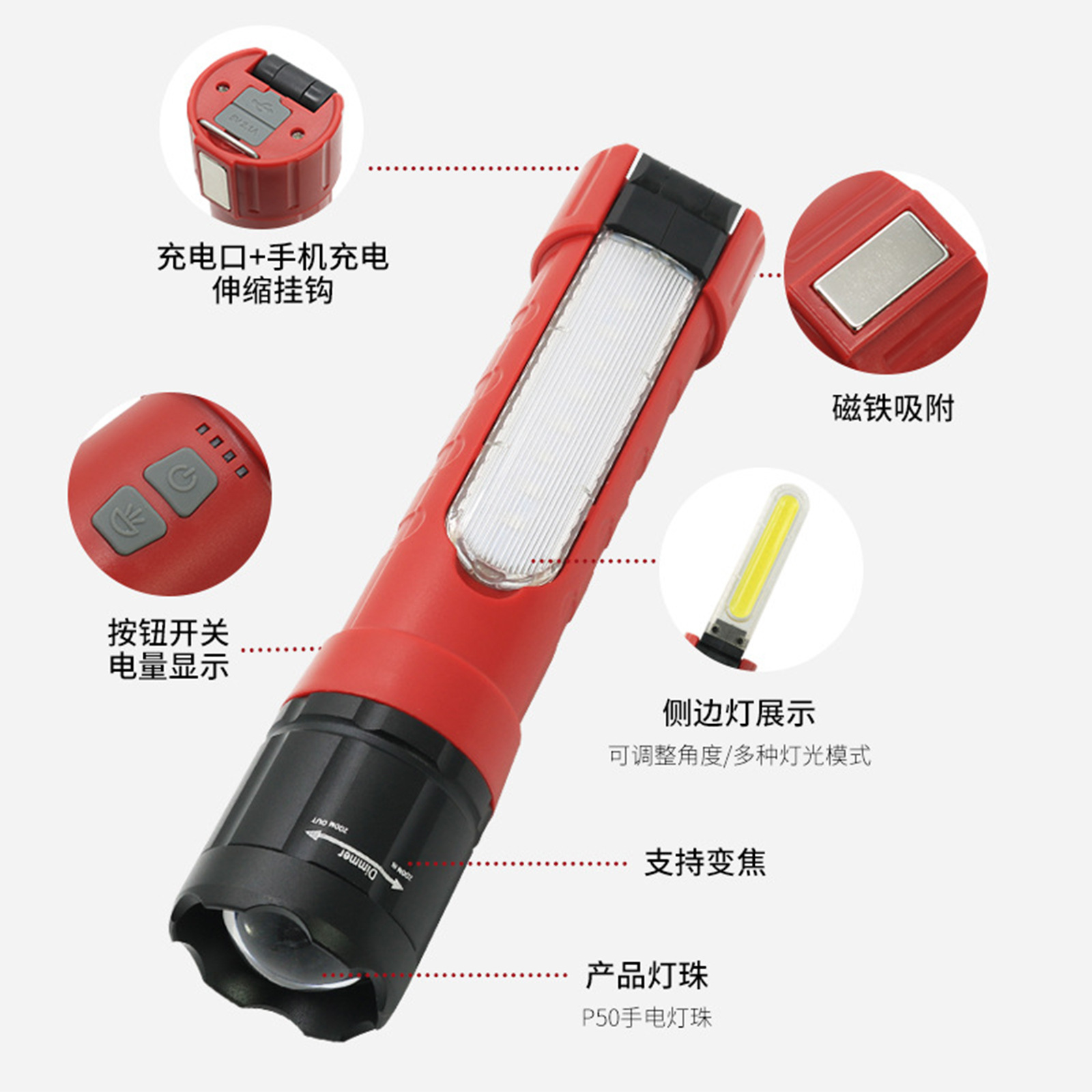 新款跨境P50铝合金充电汽车检修灯带磁铁照明灯折叠cob手持工作灯|ru