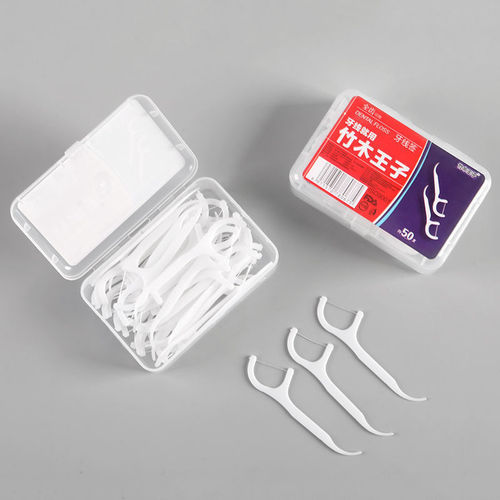 50 small square boxed polymer disposable dental floss picks, plastic toothpicks, dental floss picks for oral care