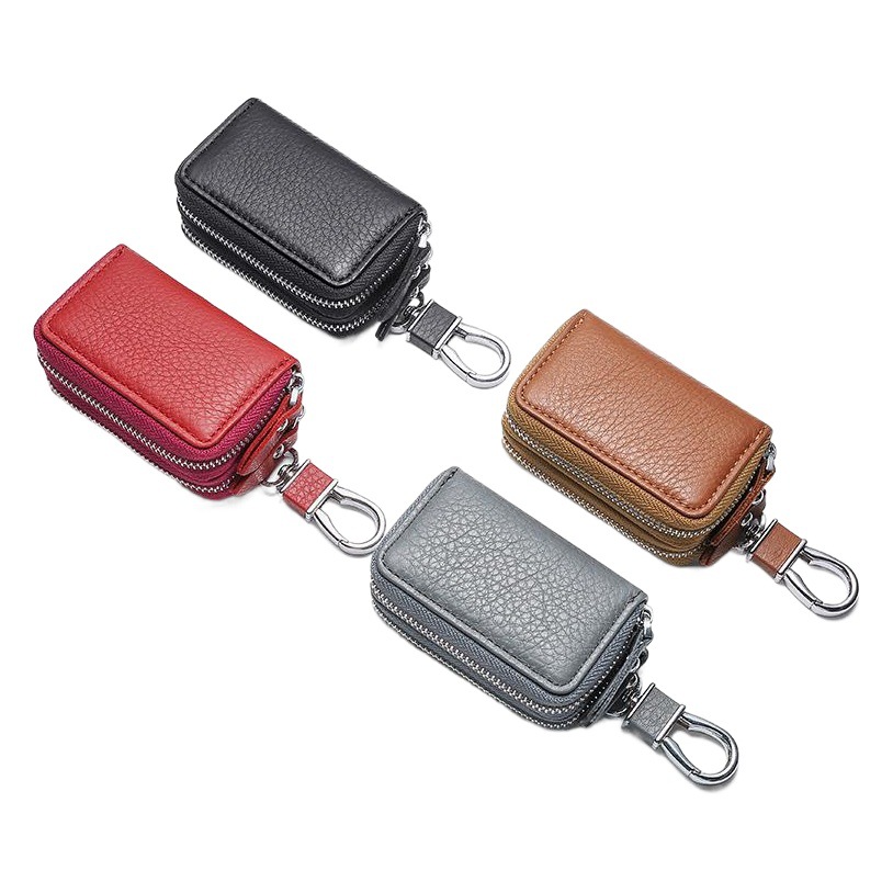 Natural Stripe Soft Leather Double Layer Zipper Multifunctional Car Key Case Double Pocket Key Chain Leather Key Holster
