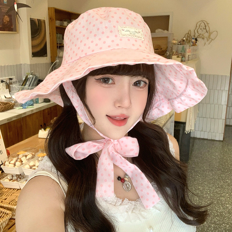 Cappello da pescatore coreano a pois per donna, per uscite estive, con lacci, alla moda, protezione UV, tesa larga, parasole, sole_voghion.com