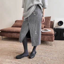 初打十三行2025冬设计感重工钉珠粗花开衩百搭毛呢半身裙女BQA240