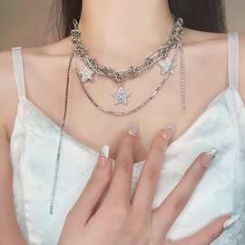 银色满钻五角星多层叠戴项链女小众高级感气质流苏短款颈链锁骨链