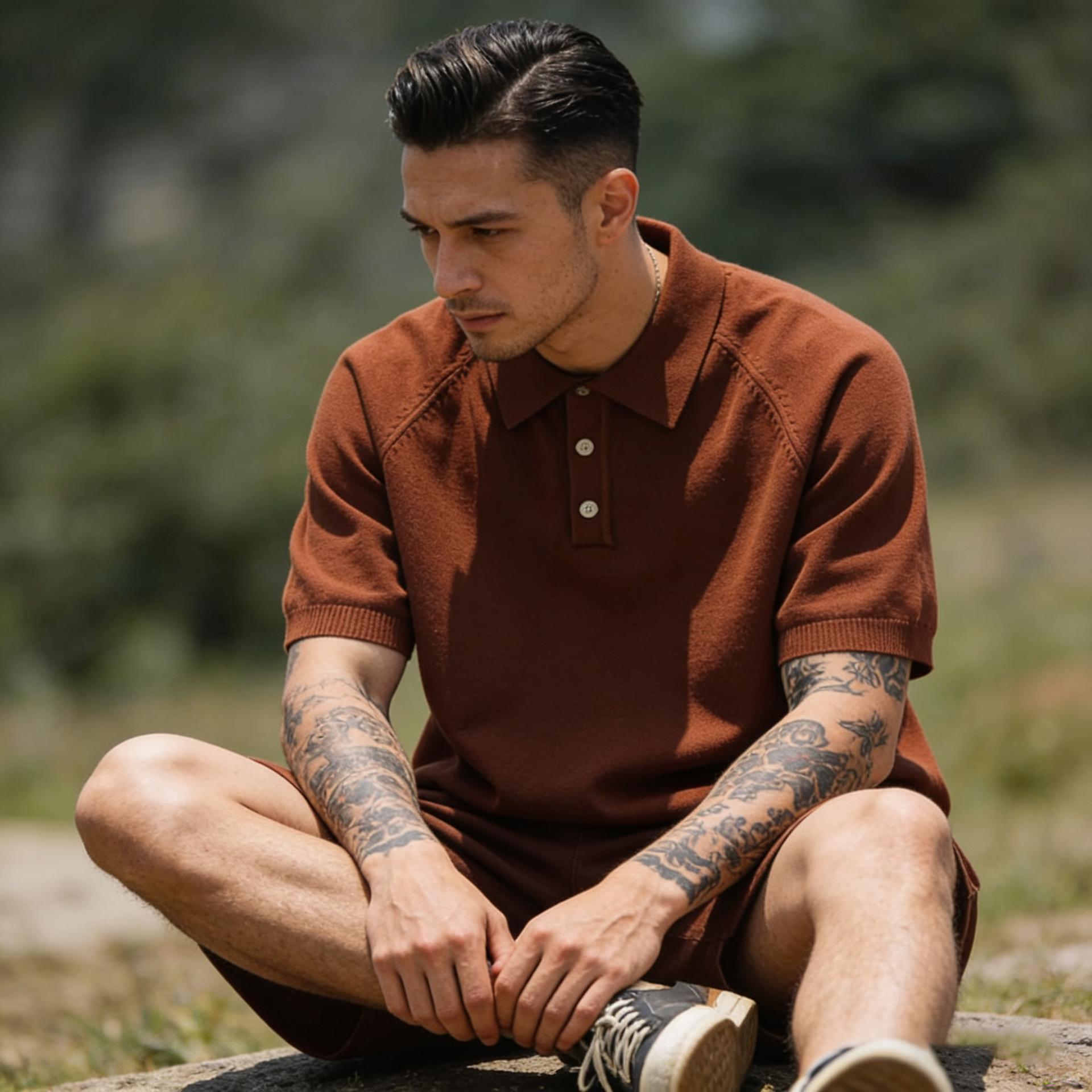 OKONKWO Solid Color Short-sleeved Knitted T-shirt Italian Polo Polo Shirt Ami Khaji Belted Lapel T-shirt