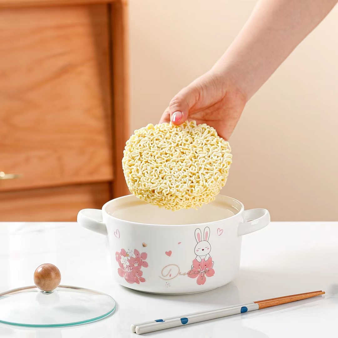 Personalidad creativa tazón de fideos instantáneos de doble oreja conejo Rosa flor de cerezo tazón de ensalada de cerámica con tapa tazón de sopa de dibujos animados hogar regalo image 5