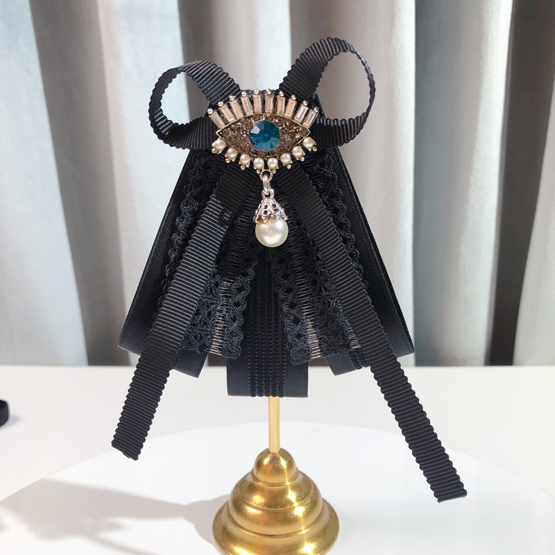 Korean Lace Devil's Eye Vintage British Style Shirt Bow Tie for Women with Pearl Bow Brooch, Artistic Retro
