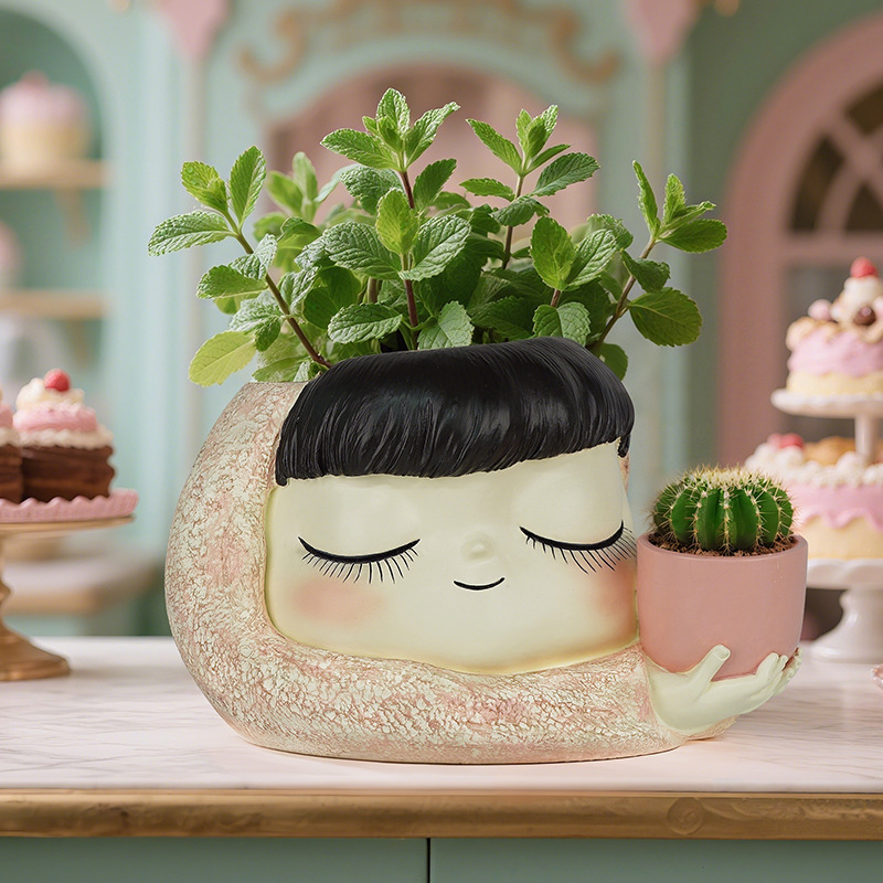 Hot-Selling Nordic Ins Style Sleeping Girl Holding Cup Double-Hole Flower Pot Home Desktop Creative Resin Decoration