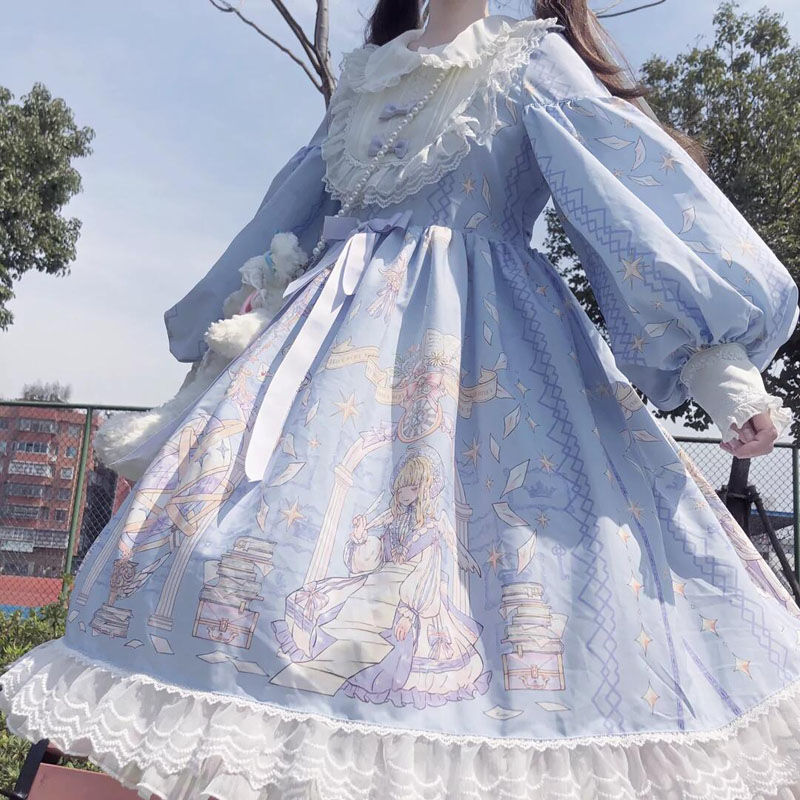 Long Dress New Style Student Cute Internet Celebrity Long-Sleeved Lolita Angel Pattern Op Lolita Dress Fairy-Like
