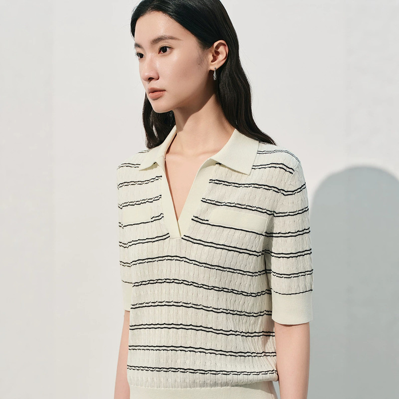 Customized Spring and Summer Mulberry Silk Polo Collar Knitwear, Simple Workwear Short-Sleeved T-Shirt, Elegant Striped Short-Sleeved Shirt, Custom-Made Customized Spring and Summer Mulberry Silk Polo Collar Knitwear, Simple Workwear Short-Sleeved T-Shirt, Elegant Striped Short-Sleeved Shirt, Custom-Made
