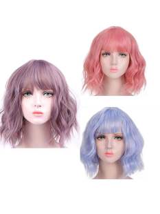 Fashion chemical fiber wig bangs pink short roll corn hot wave hair set European and American short hair wig one-piece delivery