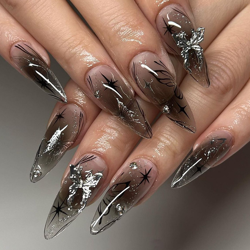 Black Nude Ice Through silver Bow Wear Armor Butterfly Diamond Nail Art Long Long Tip Armor False Nail Black Nude Ice Through silver Bow Wear Armor Butterfly Diamond Nail Art Long Long Tip Armor False Nail