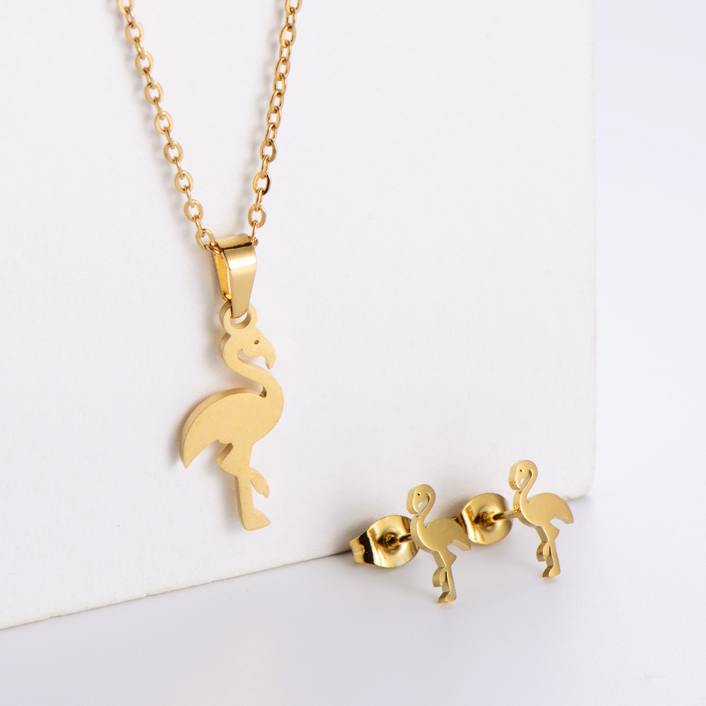 fashion titanium steel hollow red-crowned crane necklace earrings set wholesale Nihaojewelry