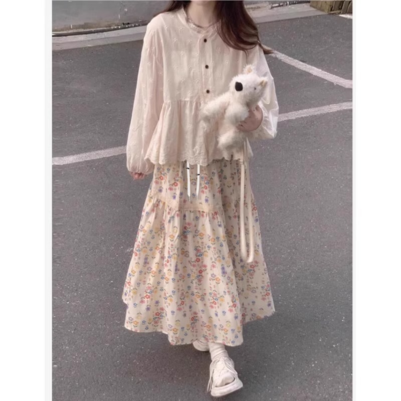 Early Autumn Dress Suit, Round Neck Top, Floral Skirt, Sweet Two-Piece Set, Loose Maternity Skirt for Small People