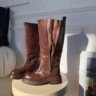 【马皮】高筒长靴女秋冬季胖mm粗腿增高厚底黑色骑士靴大码粗腿