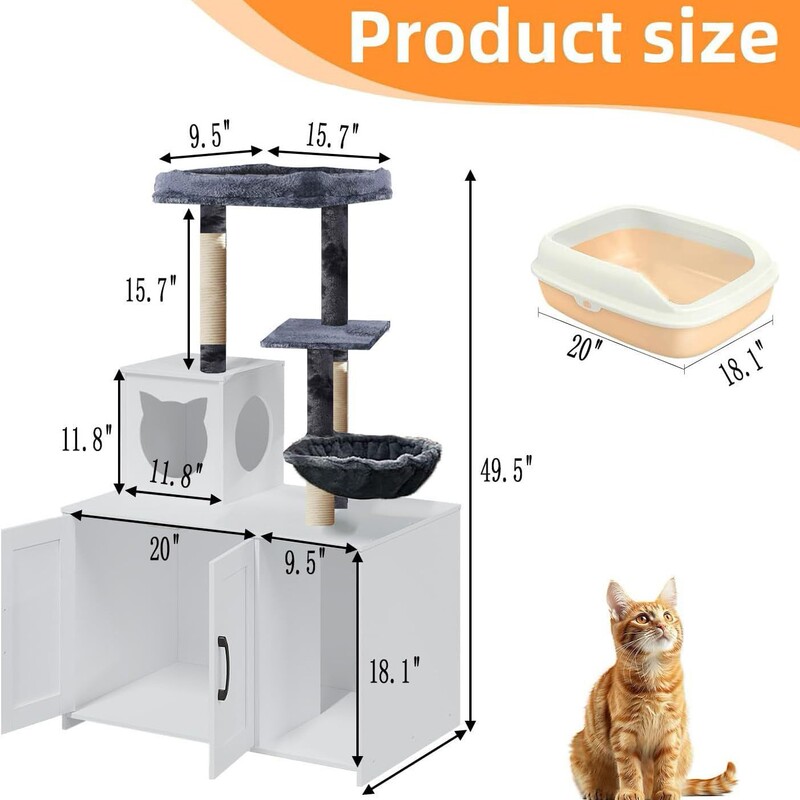 Wooden Cat Litter Box Fence with Food Station Large Platform Cat Nest Scratching Post with Basket