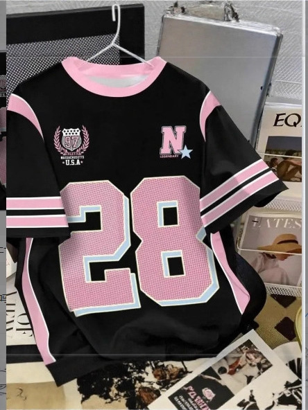 2025 American High Street Casual Sports Baseball Collar Color-Blocking Short-Sleeve Long-Sleeve T-Shirt for Women, Summer Loose Print Half-Sleeve 2025 American High Street Casual Sports Baseball Collar Color-Blocking Short-Sleeve Long-Sleeve T-Shirt for Women, Summer Loose Print Half-Sleeve
