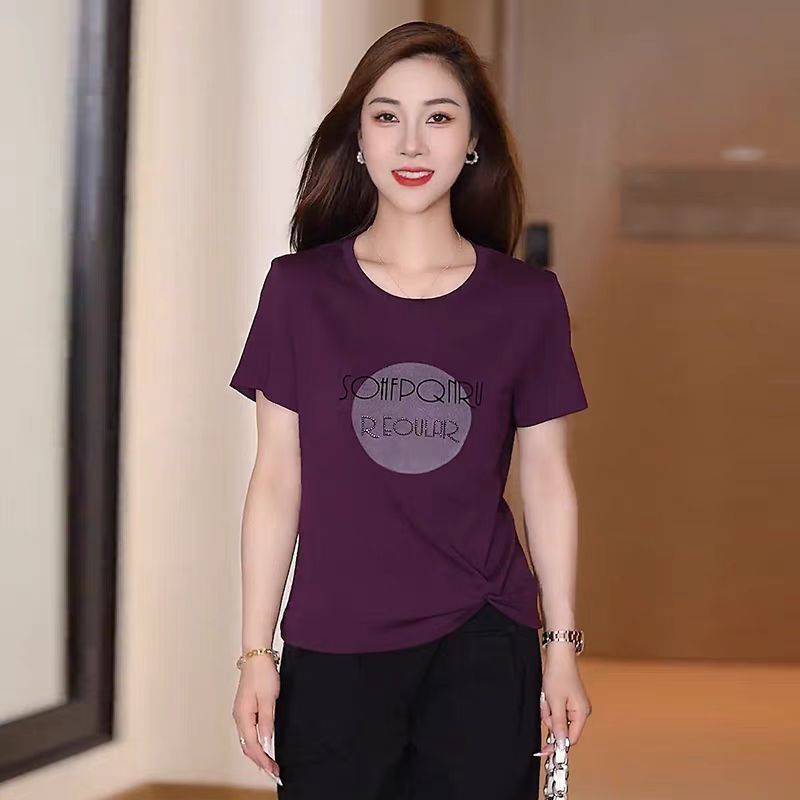 夏季新款大码女装印花烫钻上衣时尚遮肚藏肉减龄不规则下摆T恤衫