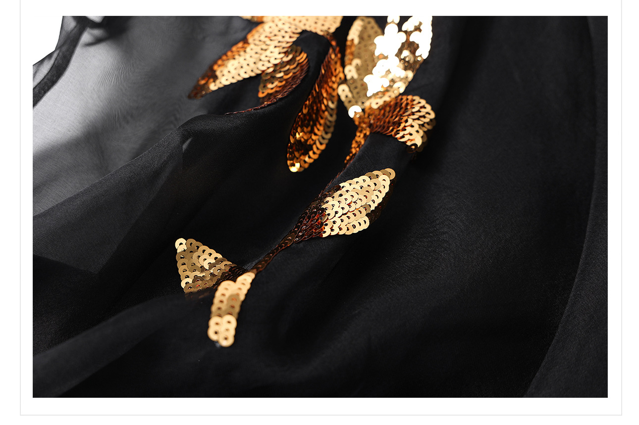 Áo khoác lưới thêu sequin lụa tơ tằm ngắn tay, dáng ôm, phong cách retro nghệ thuật M3084 — Màu đen chi tiết 14